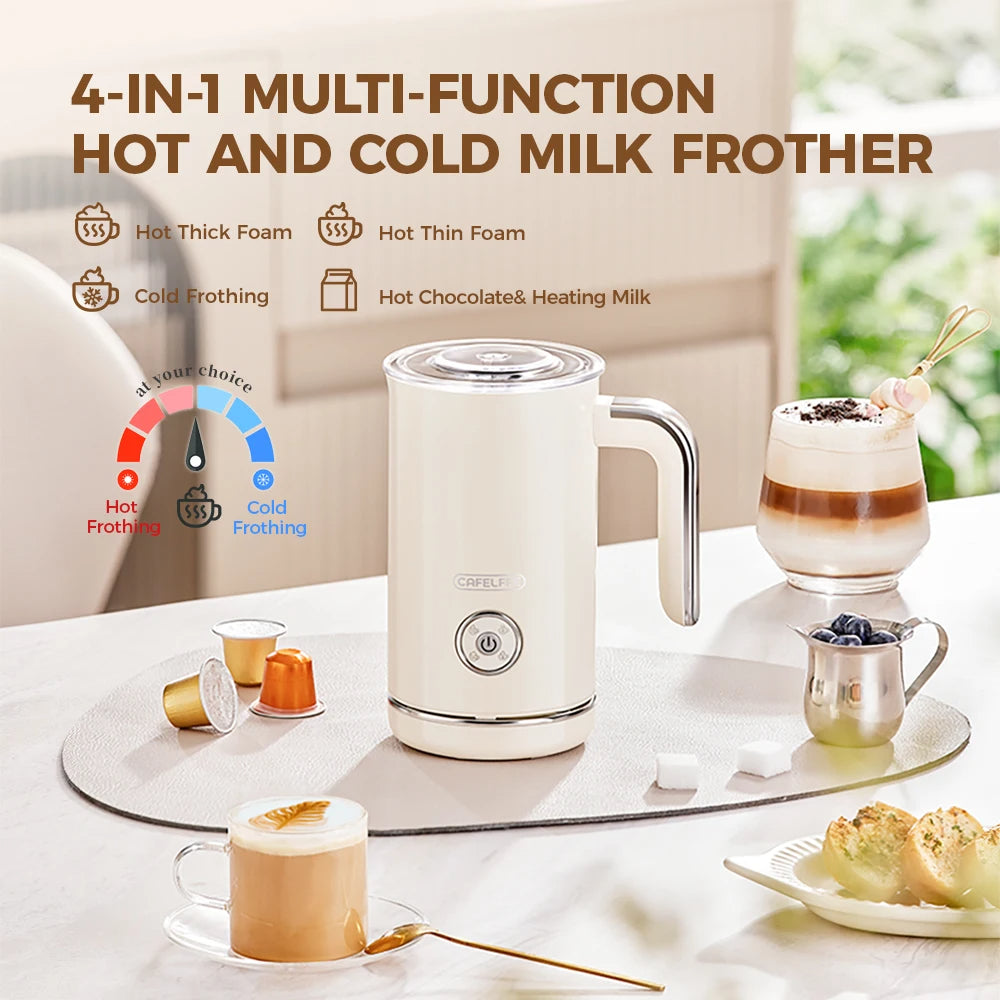 4-in-1 multi-function hot and cold milk frother with a cup of coffee and dessert on a table.