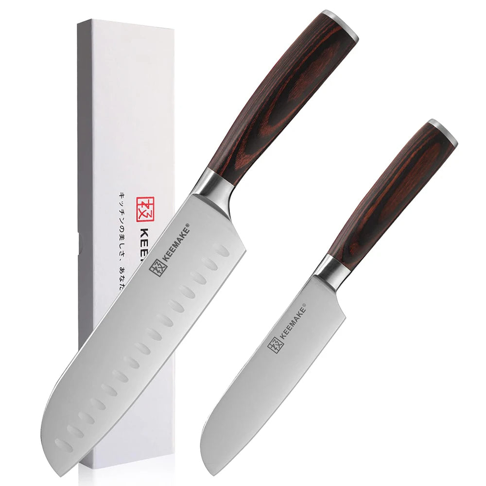 Two knives with wooden handles and a white box on a white background, featuring the Keen brand.