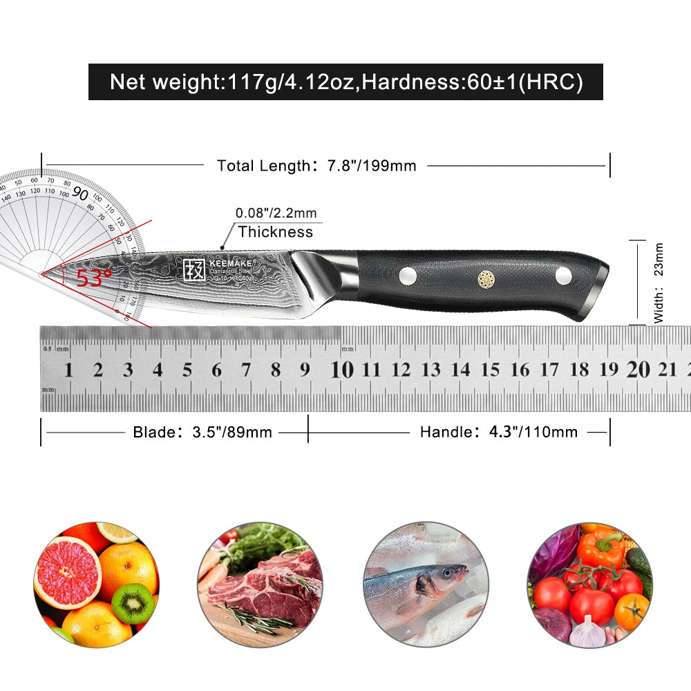 Knife with measurements and images of food below on a white background