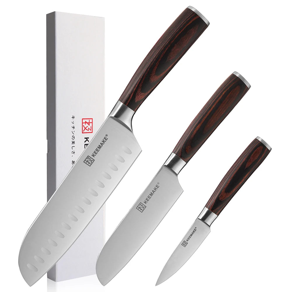 Set of knives with wooden handles and a white box on a white background