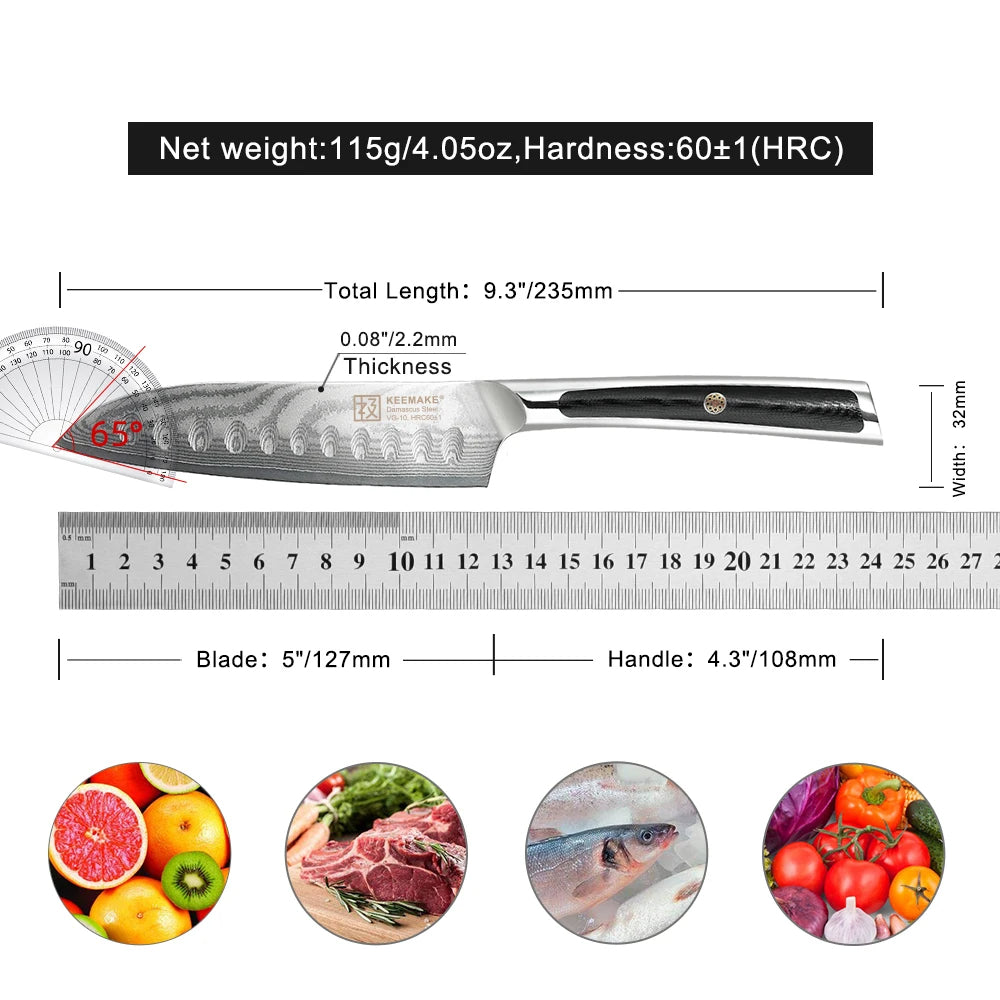 Knife with measurements and uses on a white background