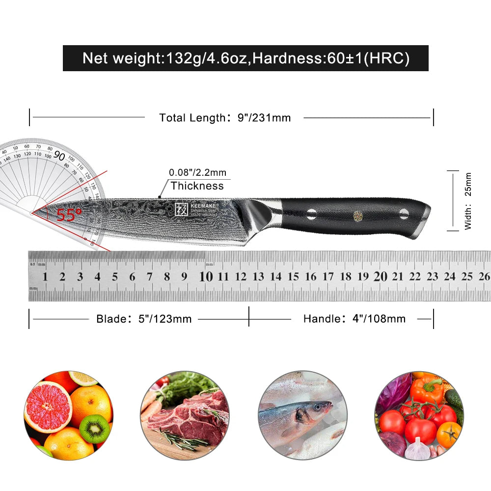 Kingsnake knife with measurements and uses on a white background