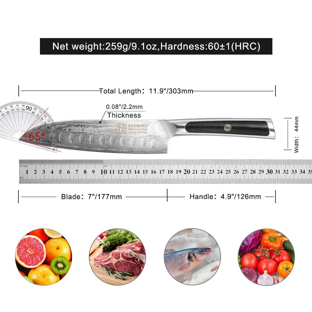 Measurement chart of a chef's knife with specifications and uses
