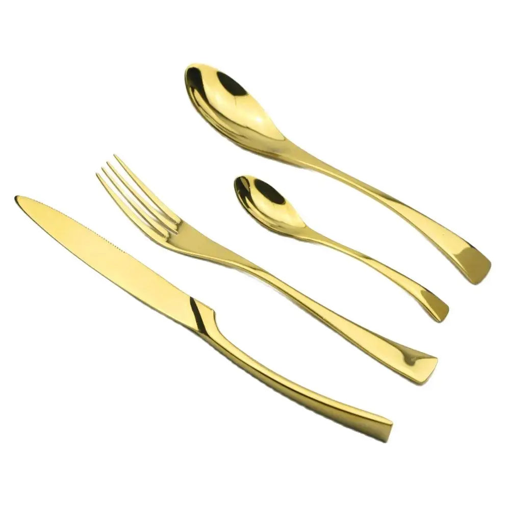 Set of gold-plated cutlery including a knife, fork, and two spoons on a white background.