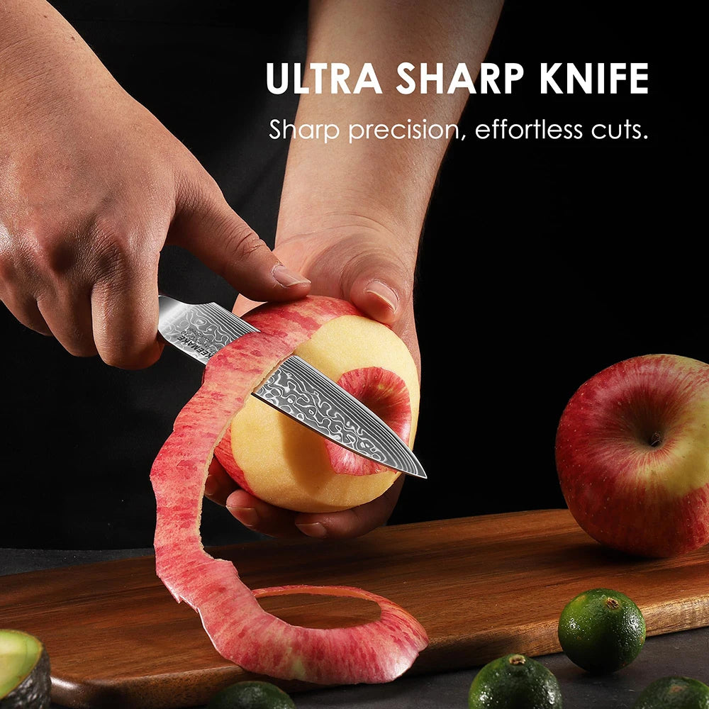 Person cutting an apple with a sharp knife on a wooden board, with text 'Ultra Sharp Knife' and 'Sharp precision, effortless cuts.'.