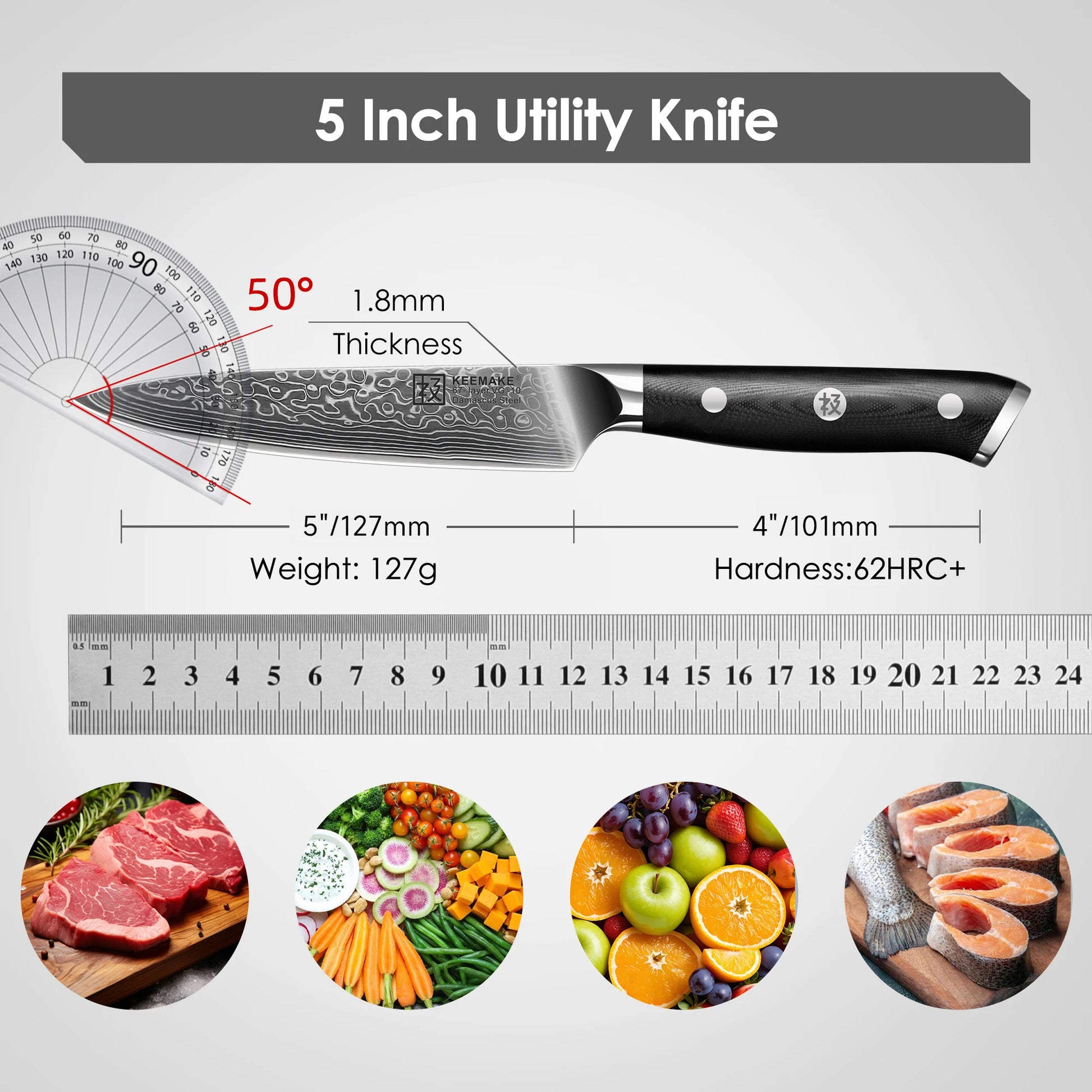 5-inch utility knife with measurements and uses on a gray background