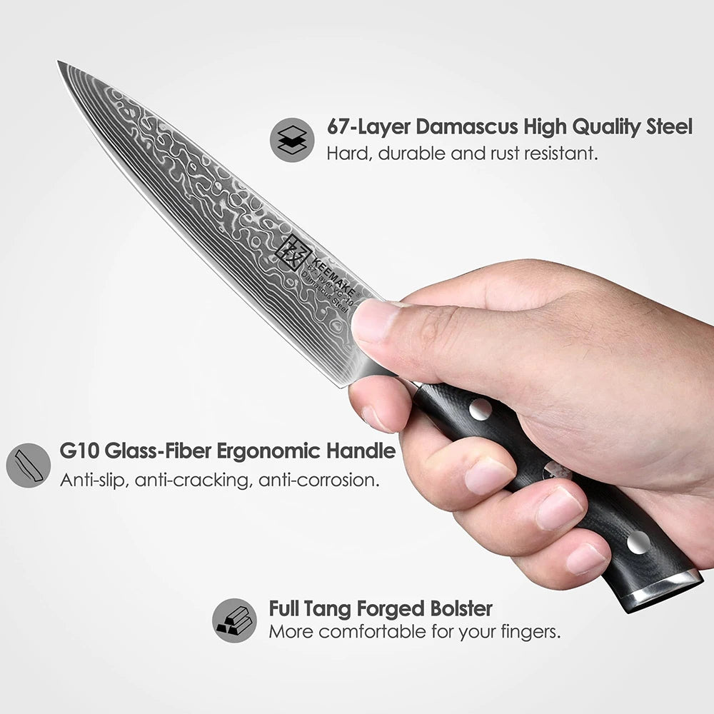 Hand holding a knife with text about its features on a white background