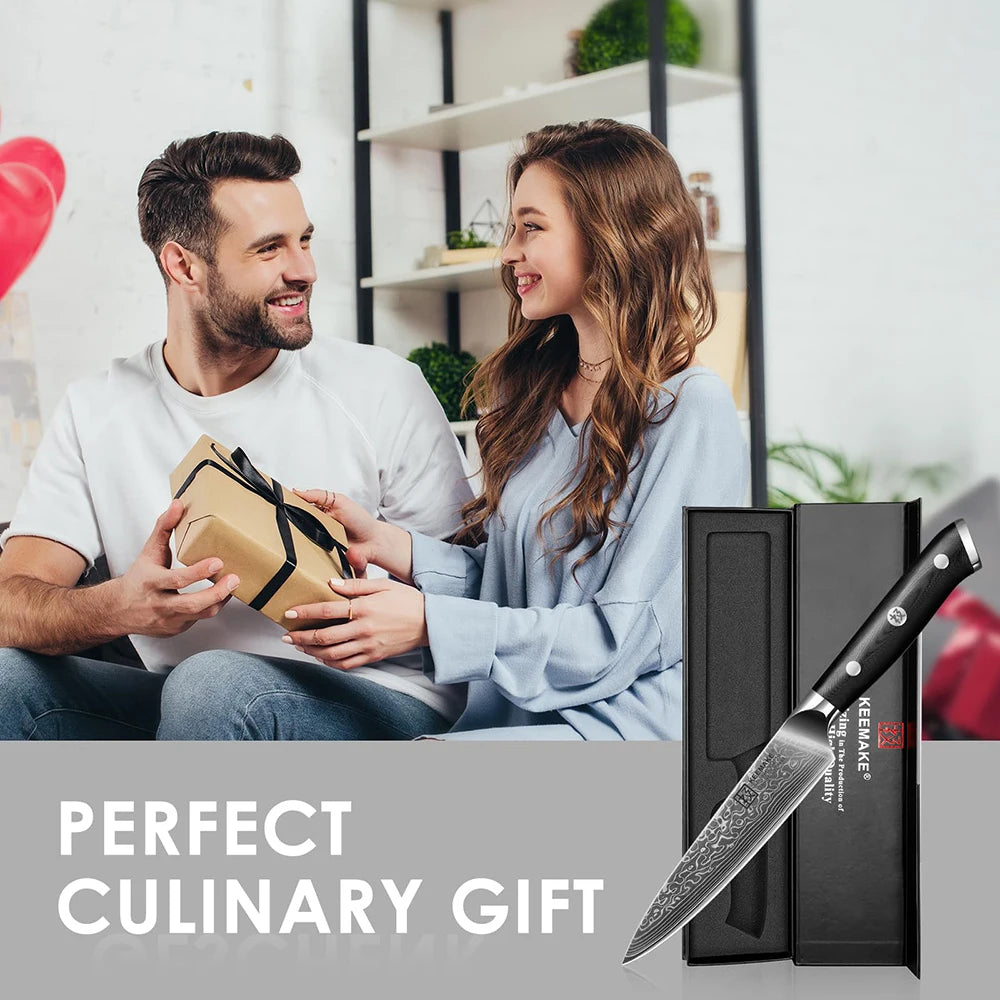 Man and woman exchanging a gift with a knife and sheath in the foreground, labeled 'Perfect Culinary Gift'.