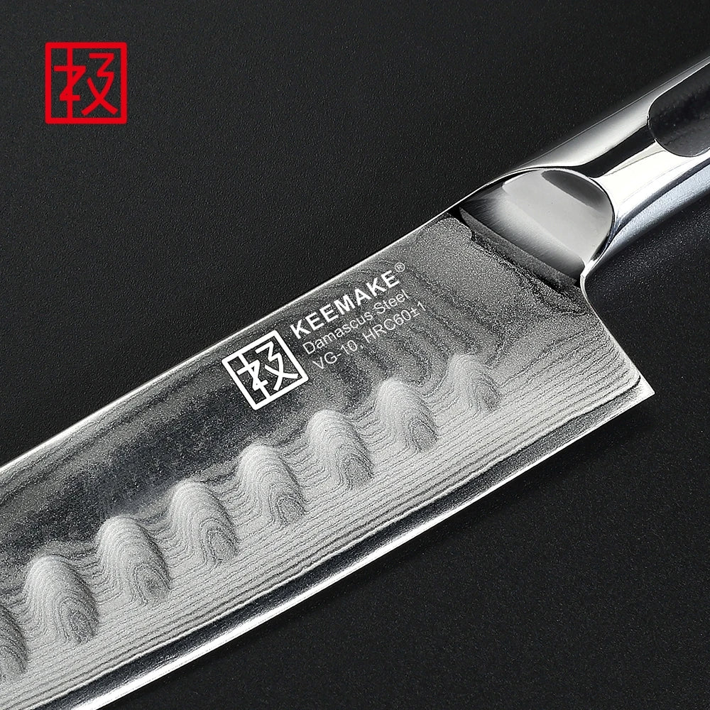 Serrated knife with 'KEEMAKE' branding on a black background