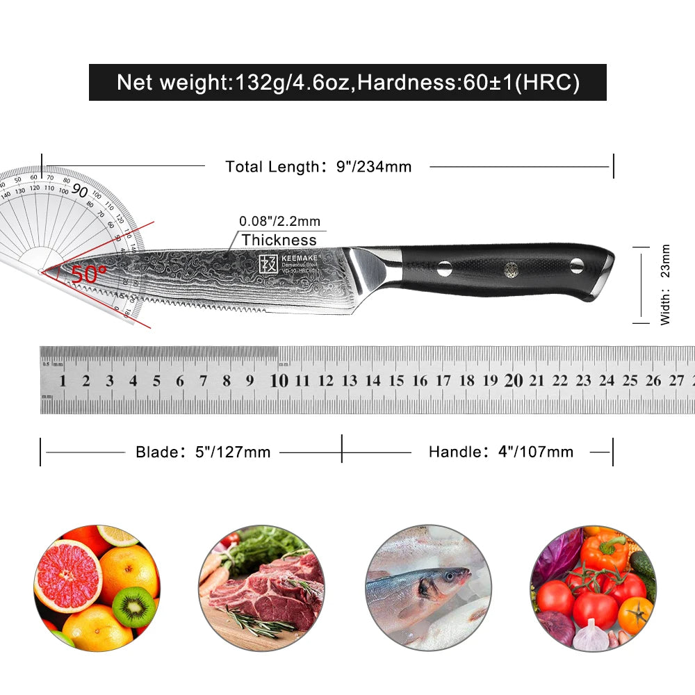 Knife with measurements and uses for cutting vegetables, fruits, meats, and fish.