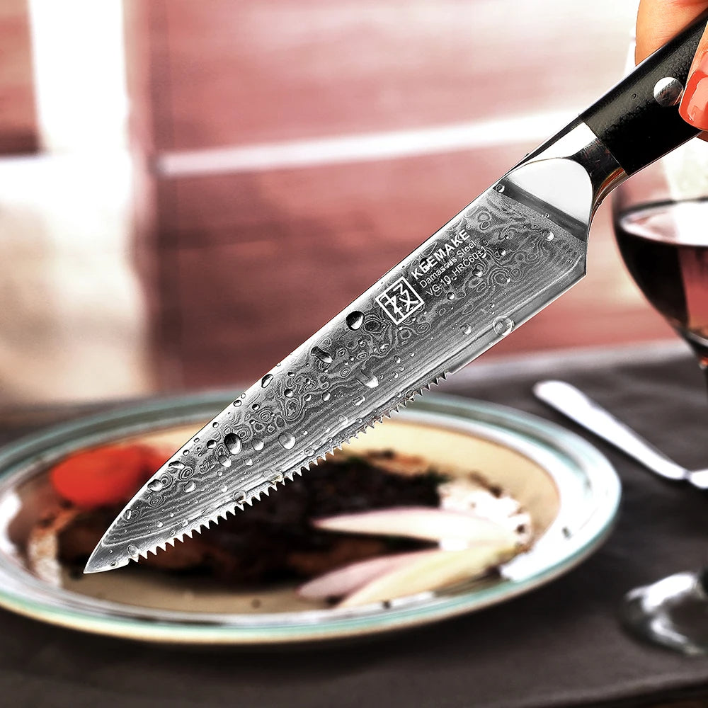 Chef's knife with a detailed blade held over a plate of food