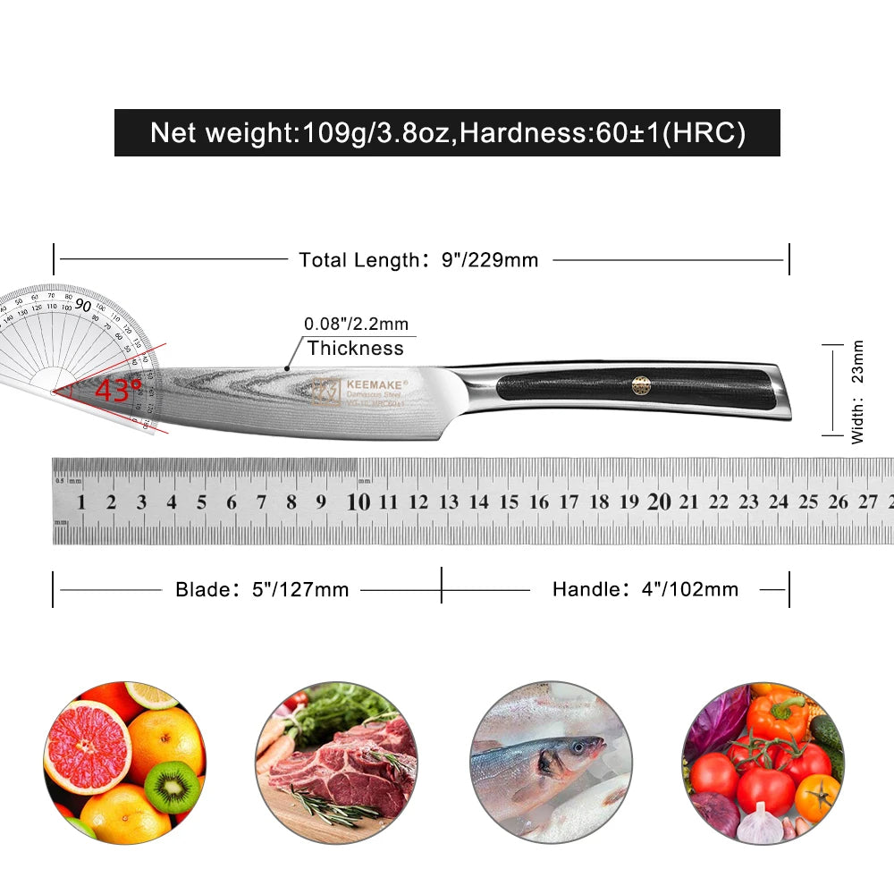 Kershaw knife with measurements and food images on a white background