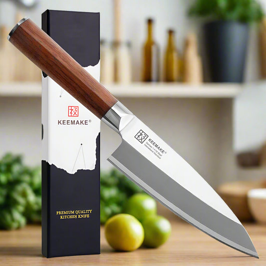 KEEMAKE kitchen knife with wooden handle and branded packaging on a white background
