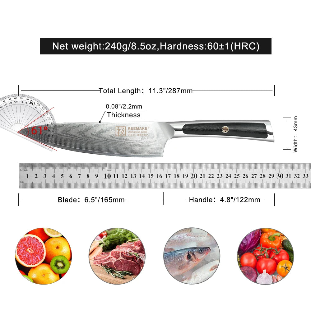 Kamisori kitchen knife with measurements and uses on a white background