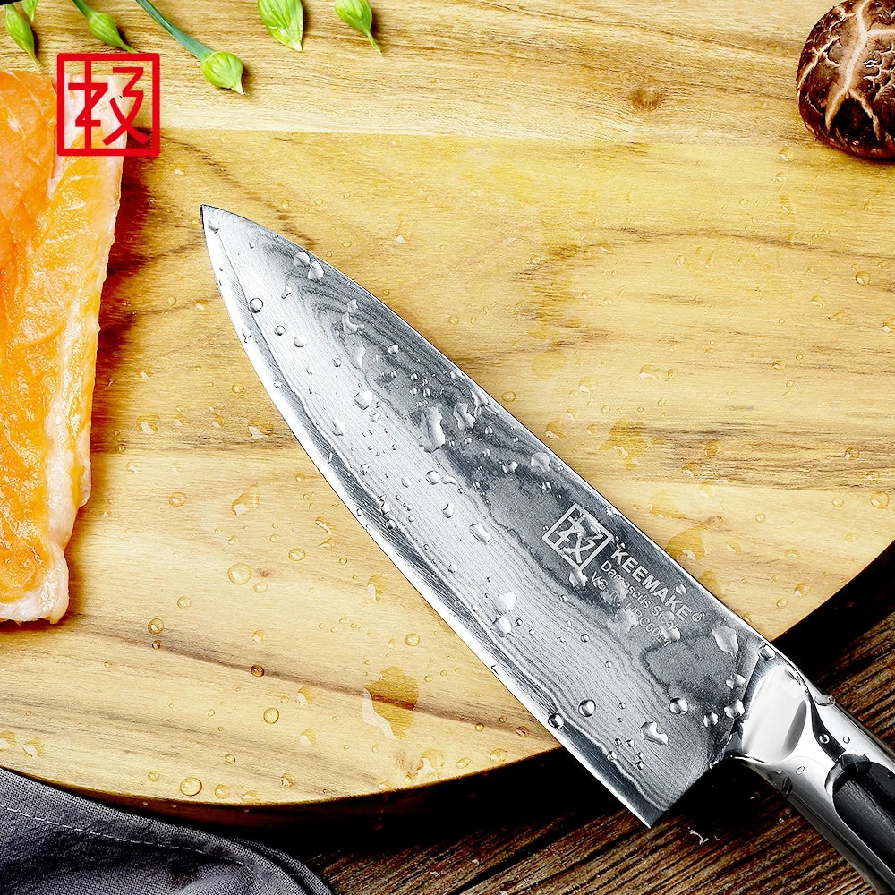 Chef's knife on a wooden cutting board with salmon and a brand logo.