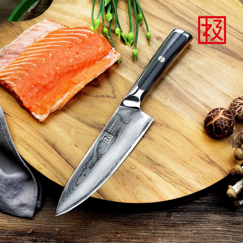 Chef's knife on a wooden cutting board with salmon and mushrooms