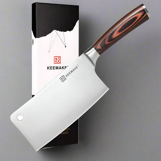 Chef's knife with wooden handle and KEEMAKE branding on a gray background