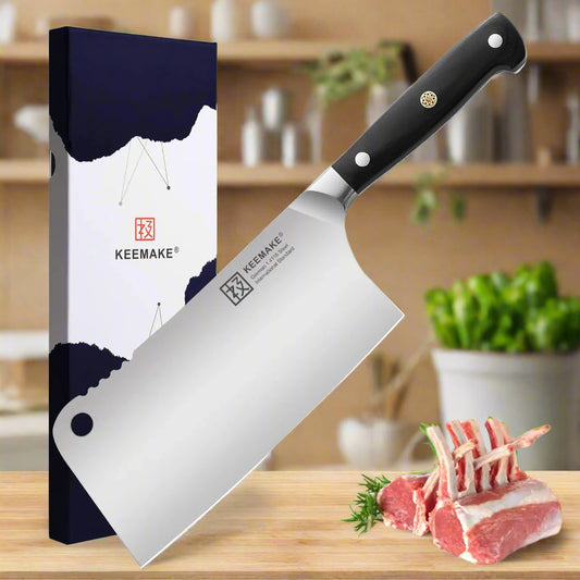 Chop knife with black handle and KEENAKE branding, next to a packaging box and raw meat.