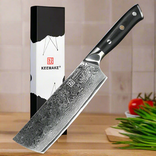 KEEMAKE 7-Inch Japanese Nakiri Knife – VG10 Damascus Steel Chef’s Cleaver, Extra Sharp Kitchen Slicing & Cutting Tool with HRC60+ Hardness