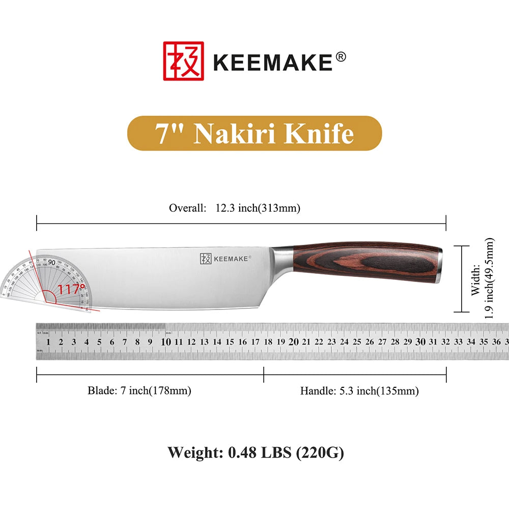 7-inch Nakiri knife with KEEMAKE branding, measurements, and weight displayed on a white background.