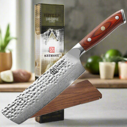 Knife with wooden handle and sharpener on a white background, featuring the Keemake brand.