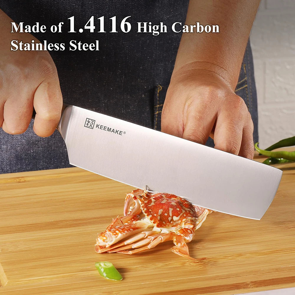 Knife cutting a crab on a wooden board with 'Keemake' branding and text about high carbon stainless steel.