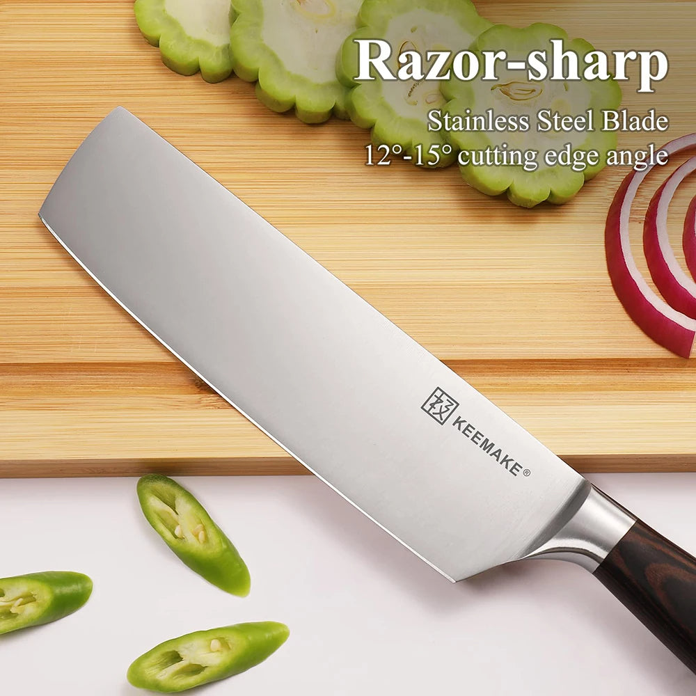 Knife with a stainless steel blade on a cutting board with vegetables, featuring the brand 'KEEMAKE'.