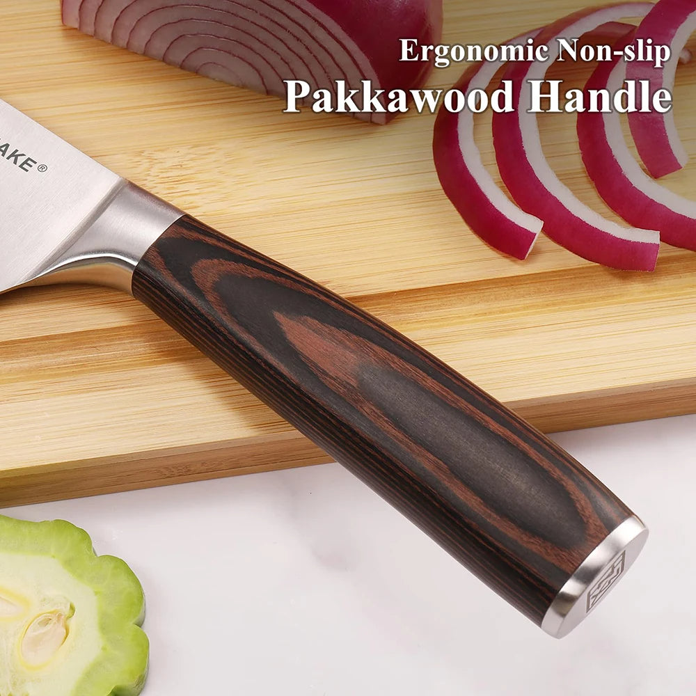 Knife with ergonomic Pakkawood handle on a cutting board with sliced red onions