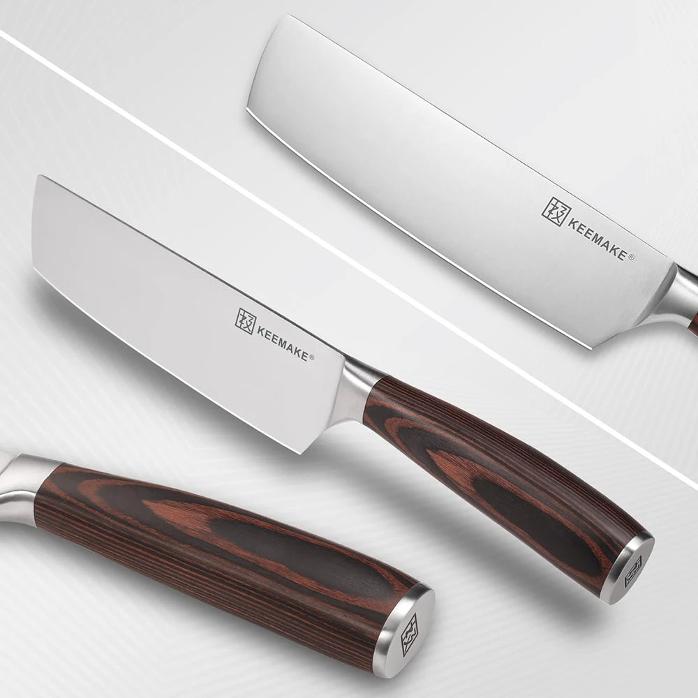 Three knives with wooden handles on a white background, featuring the Keemake brand.