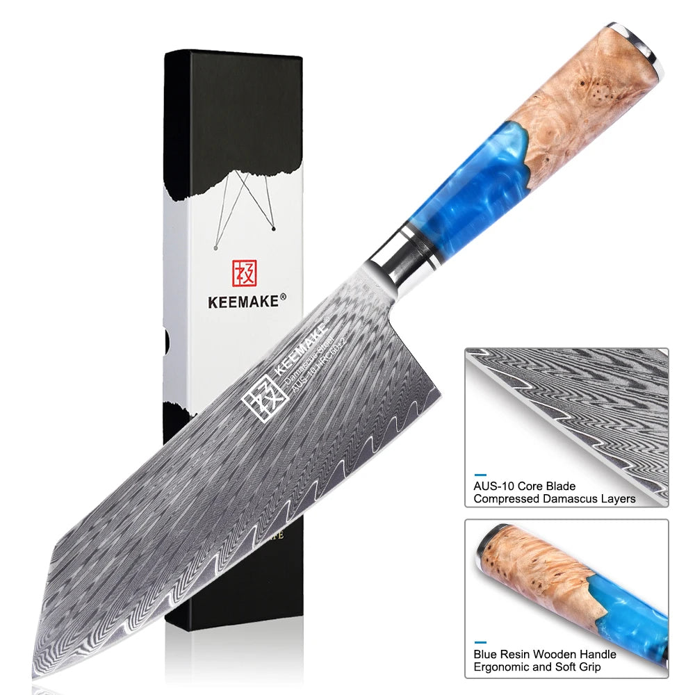 KEEMAKE 7-Inch Nakiri Knife – AUS-10 Damascus Steel Japanese Chef’s Knife, Ultra Sharp Multipurpose Cleaver for Vegetables, Meat & Kitchen Prep