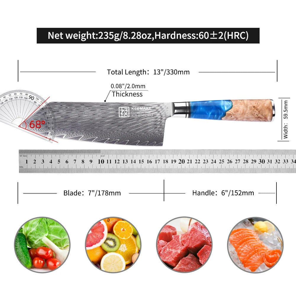 KEEMAKE 7-Inch Nakiri Knife – AUS-10 Damascus Steel Japanese Chef’s Knife, Ultra Sharp Multipurpose Cleaver for Vegetables, Meat & Kitchen Prep