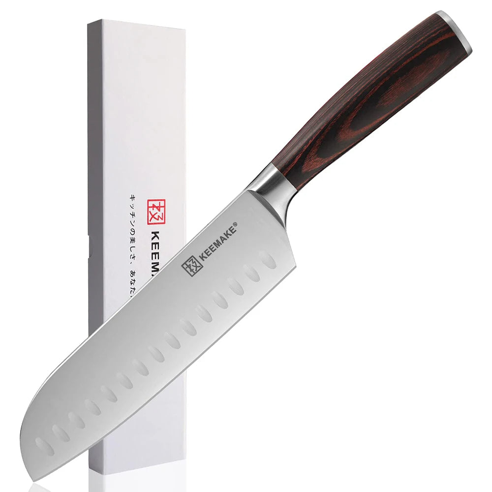 Santoku knife with wooden handle and KEEMAKE branding on a white background