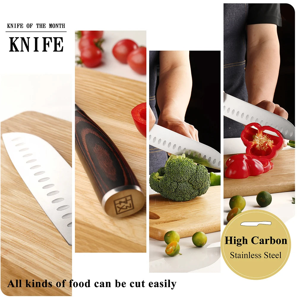 Collage of a knife being used on food with text about its features.