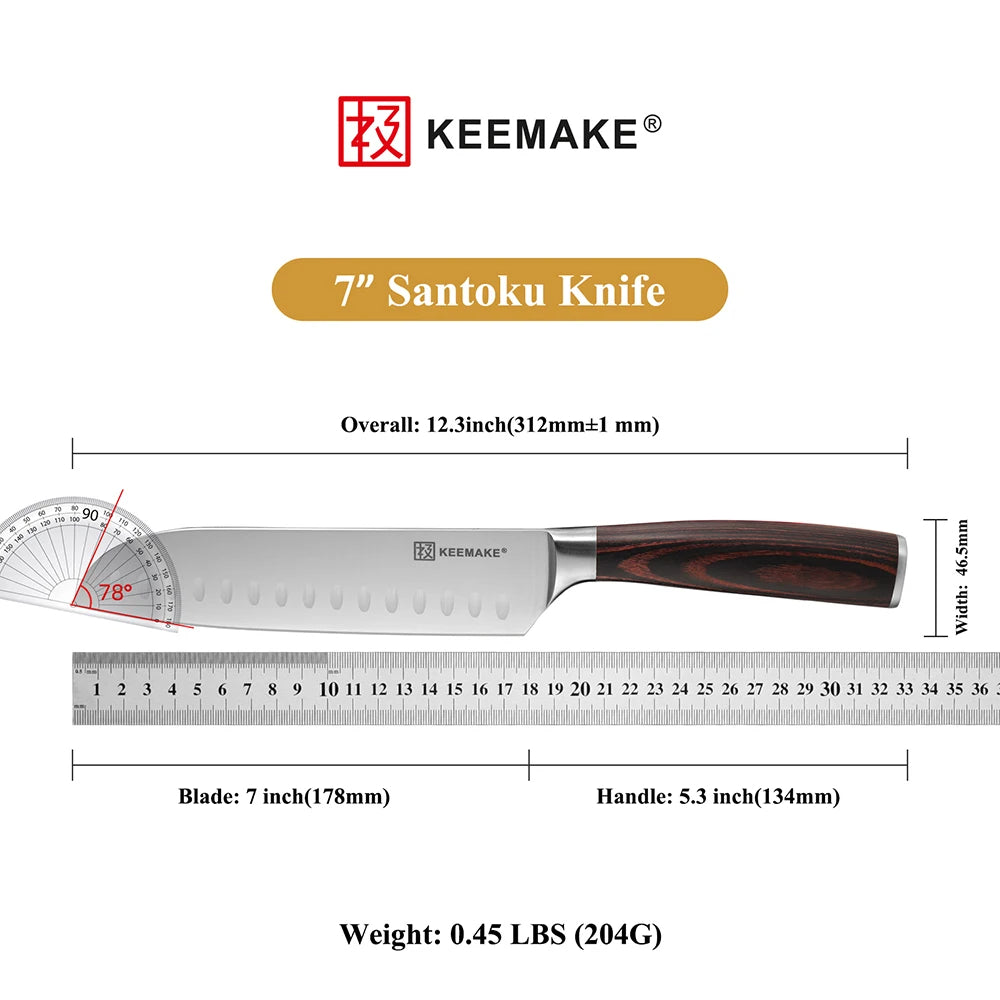 Keemake 7-inch Santoku knife with measurements on a white background