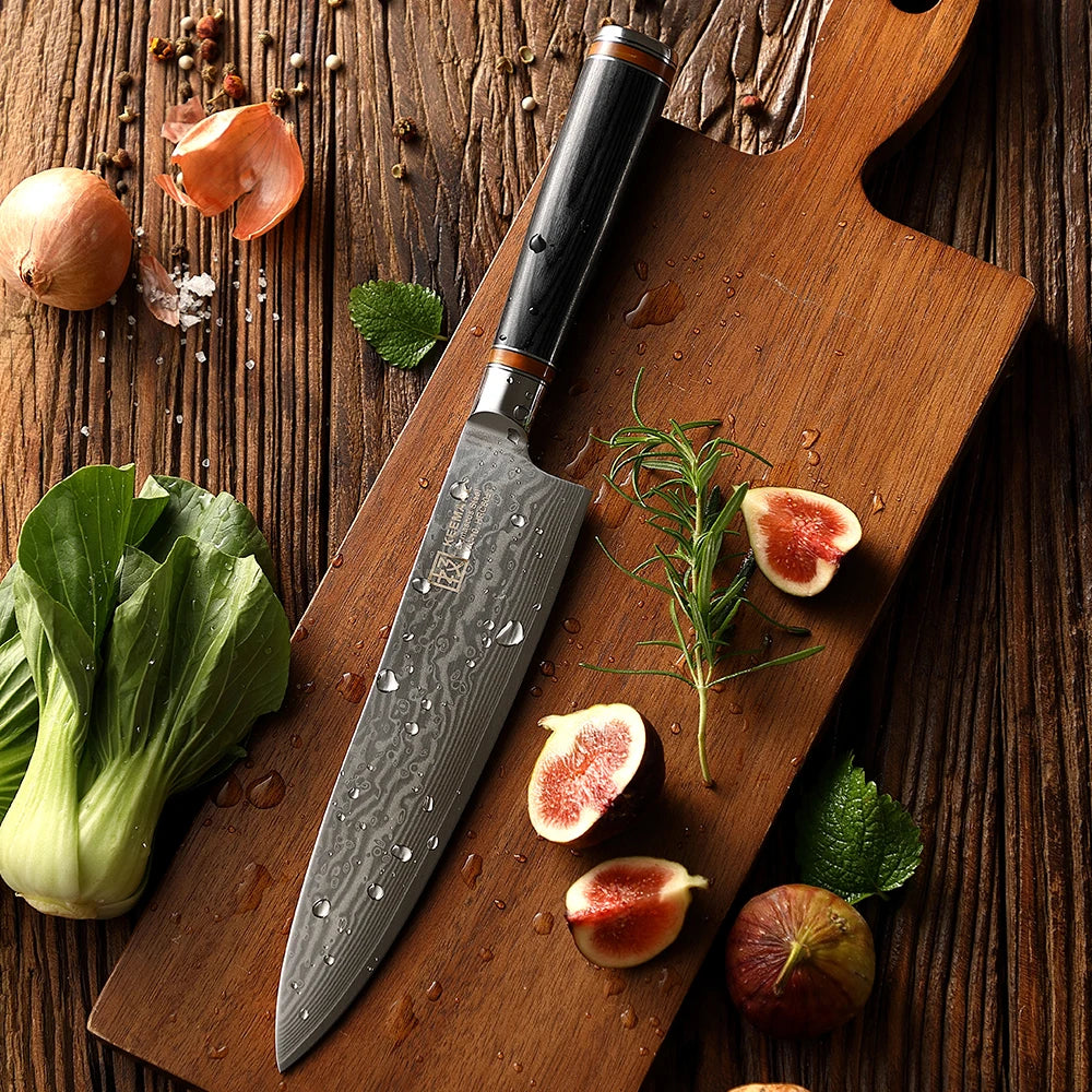 Chef's knife on a wooden cutting board with figs and vegetables on a rustic wooden surface