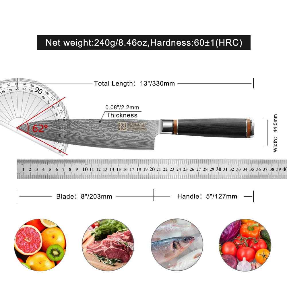 Measurement chart of a chef's knife with its dimensions and weight, surrounded by images of food.