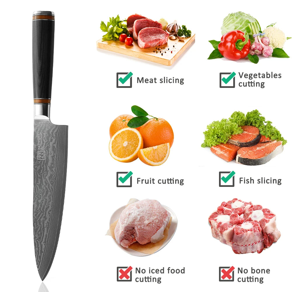 Knife with images of food items and text indicating the knife's uses on a white background