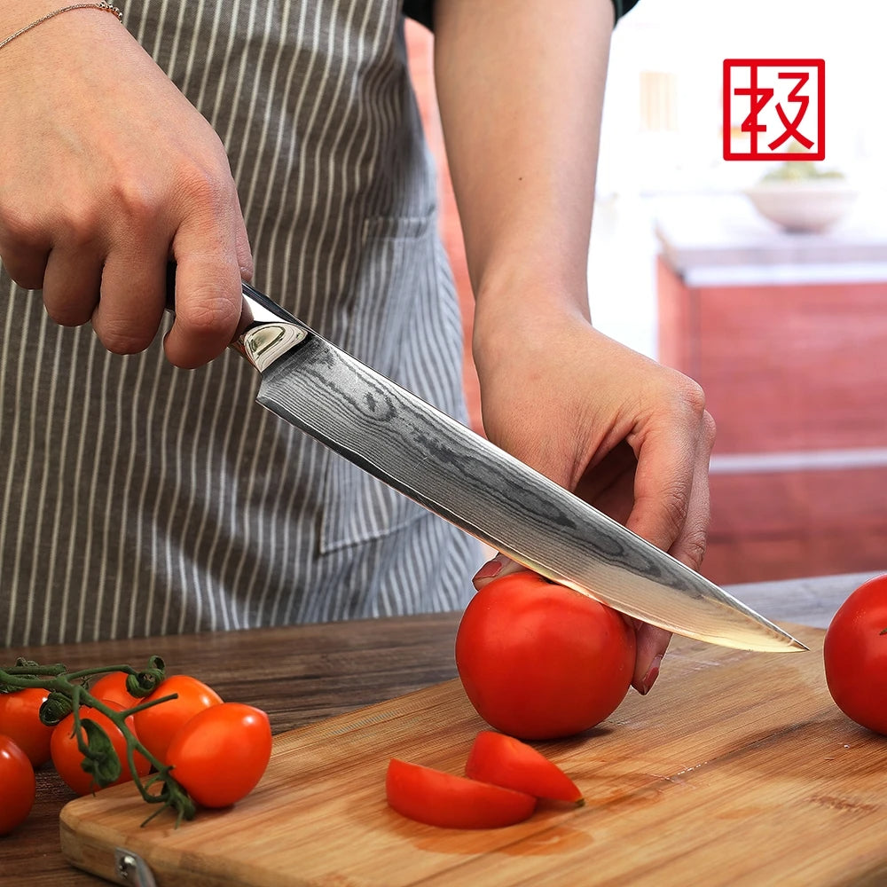 Person cutting tomatoes on a wooden board with a large knife, wearing a striped apron.
