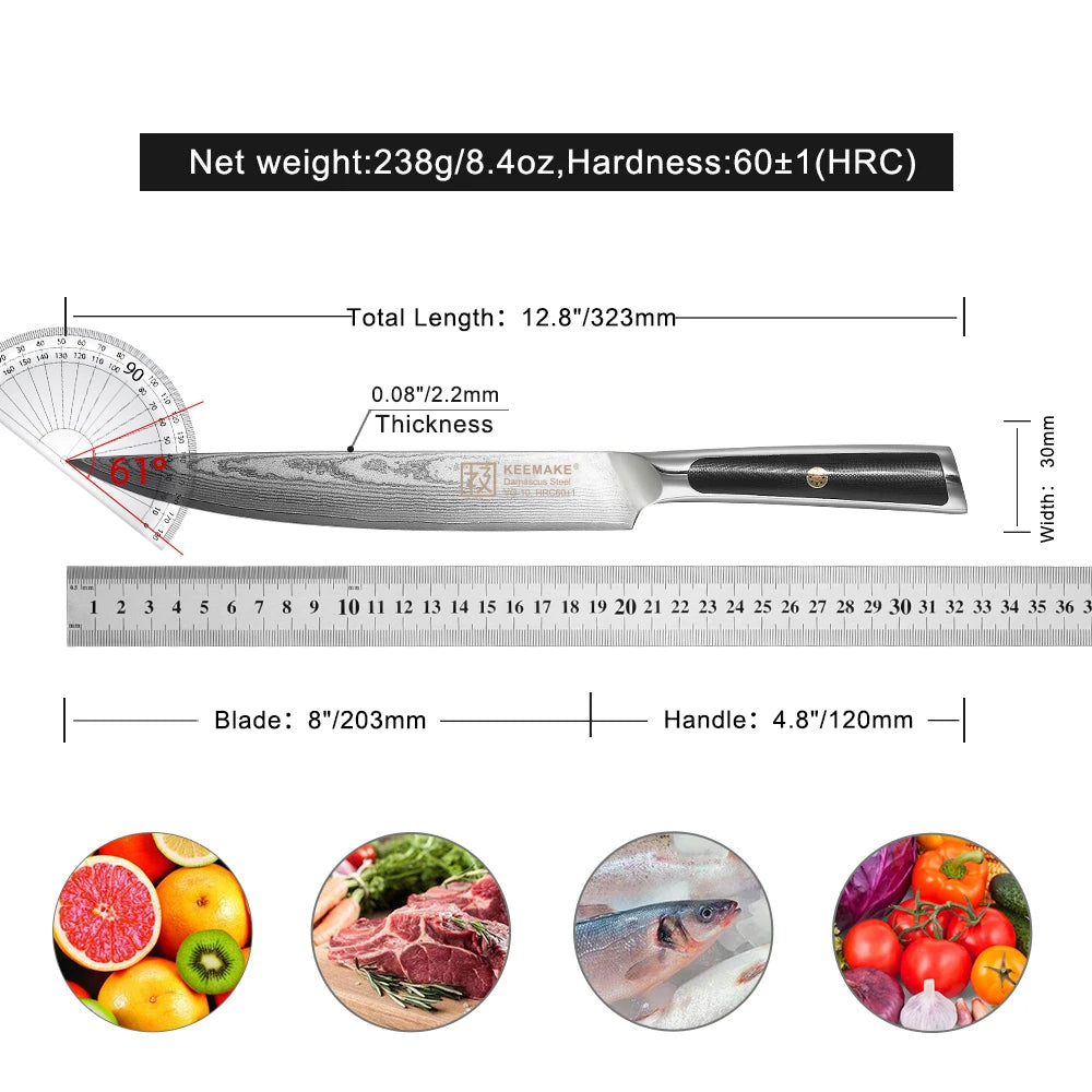 Knife with measurements and food images on a white background