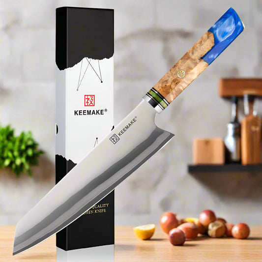 Chef's knife with wooden handle and blue accent, displayed with Keemake packaging.