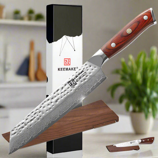 Serrated knife with wooden handle and stand, Keemake branding visible