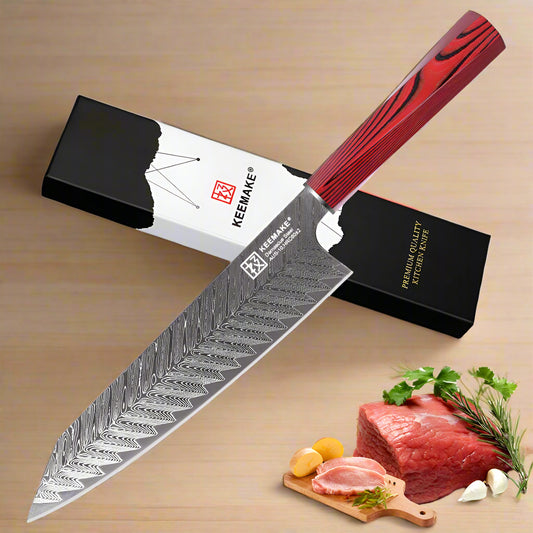 Keemake kitchen knife with red handle on a white background, surrounded by ingredients.