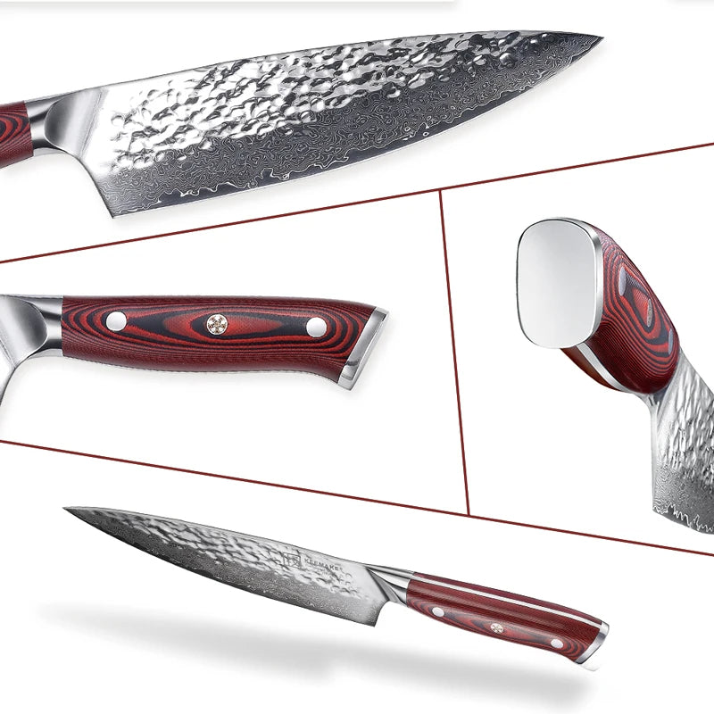 Set of knives with red handles on a white background
