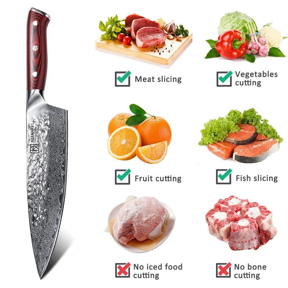 Chef's knife with uses for meat, vegetables, fruit, and fish on a white background