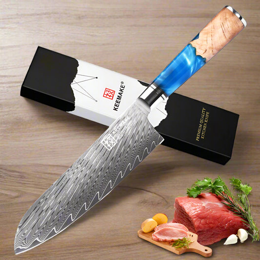 Keemake kitchen knife with blue handle and black sheath on a white background
