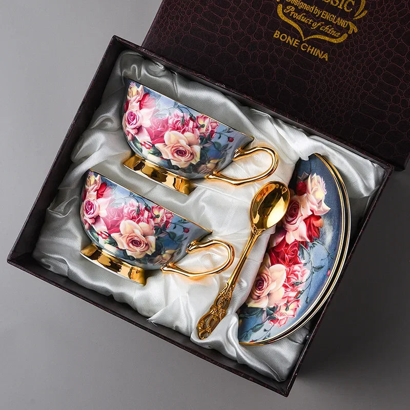Bone china tea set with floral design in a box, featuring 'BONE CHINA' branding.