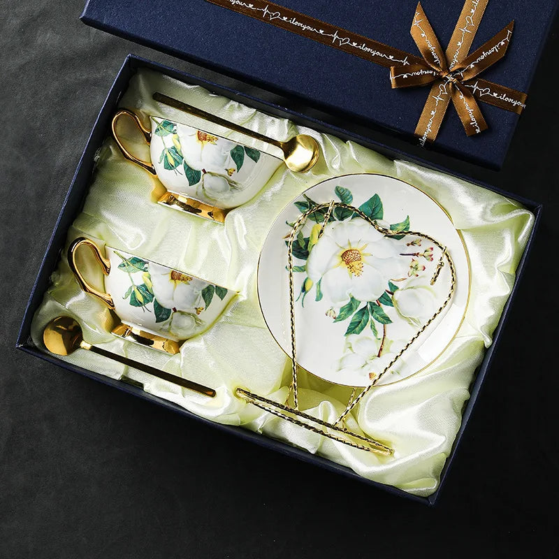 Ceramic tea set with floral design in a decorative box