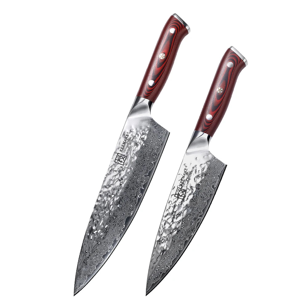 Two chef's knives with red handles on a white background